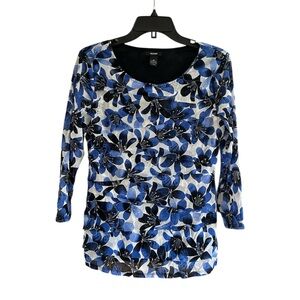 Alfani Floral Blue and Black Size Medium Short Sleeve Blouse